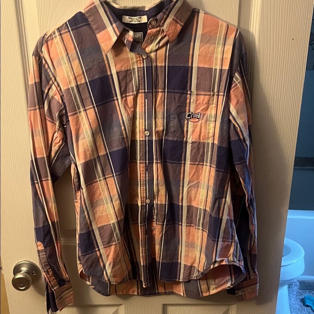 Cruel Girl Checkered Button Down Shirt - Blue and Peach
